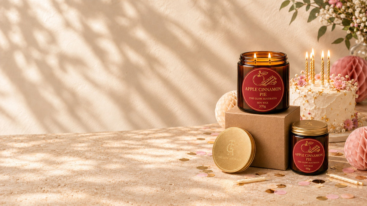 The Glow Australia Apple Cinnamon Pie candles beside a birthday cake